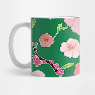 Pink Hibiscus and Sakura Green Background Mug